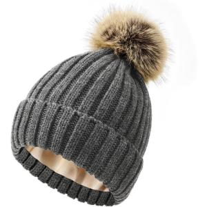 imageSatin Lined Beanie for Women Knit Winter Hats Silk Lined Womens Beanie with Detachable Pom PomDark Grey