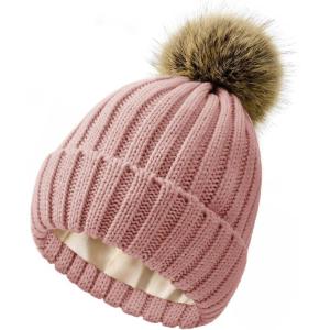 imageSatin Lined Beanie for Women Knit Winter Hats Silk Lined Womens Beanie with Detachable Pom PomDark Pink