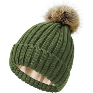 imageSatin Lined Beanie for Women Knit Winter Hats Silk Lined Womens Beanie with Detachable Pom PomOlive Green