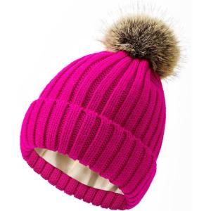 imageSatin Lined Beanie for Women Knit Winter Hats Silk Lined Womens Beanie with Detachable Pom PomPink