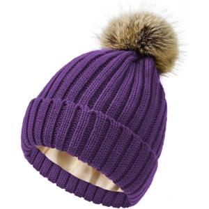 imageSatin Lined Beanie for Women Knit Winter Hats Silk Lined Womens Beanie with Detachable Pom PomPurple