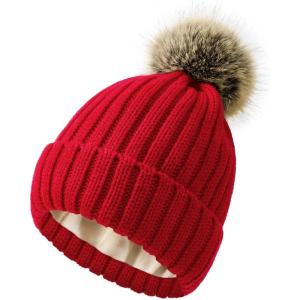 imageSatin Lined Beanie for Women Knit Winter Hats Silk Lined Womens Beanie with Detachable Pom PomRed