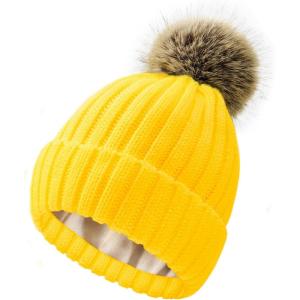 imageSatin Lined Beanie for Women Knit Winter Hats Silk Lined Womens Beanie with Detachable Pom PomYellow