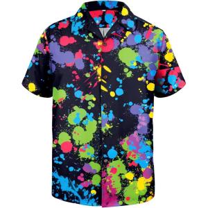 imageHawaiian Shirt for Men Button Down Short Sleeve Casual Beach Shirt Summer Wear Stylish Tropical Print ShirtsBlack Neon Splatter