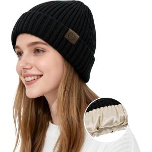 imageSatin Lined Beanie WomenWinter Hats for Women Silk Lined Beanie Cute Warm Knit Cuffed Hat Snow Ski CapA Black