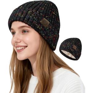 imageSatin Lined Beanie WomenWinter Hats for Women Silk Lined Beanie Cute Warm Knit Cuffed Hat Snow Ski CapBlack Mix
