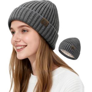 imageSatin Lined Beanie WomenWinter Hats for Women Silk Lined Beanie Cute Warm Knit Cuffed Hat Snow Ski CapDark Grey