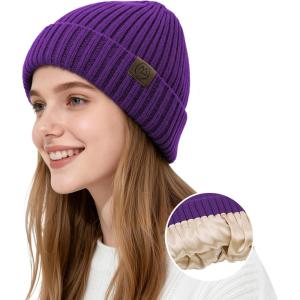 imageSatin Lined Beanie WomenWinter Hats for Women Silk Lined Beanie Cute Warm Knit Cuffed Hat Snow Ski CapPurple