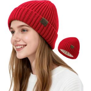 imageSatin Lined Beanie WomenWinter Hats for Women Silk Lined Beanie Cute Warm Knit Cuffed Hat Snow Ski CapRed