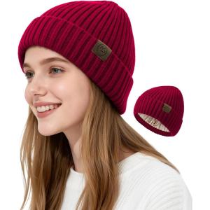 imageSatin Lined Beanie WomenWinter Hats for Women Silk Lined Beanie Cute Warm Knit Cuffed Hat Snow Ski CapWine Red