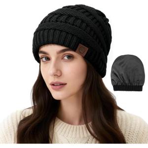 imageSatin Lined Beanie WomenWinter Hats for Women Silk Lined Slouchy Cute Beanie for Winter Warm Knit Ski HatBlack