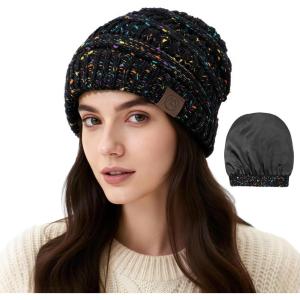 imageSatin Lined Beanie WomenWinter Hats for Women Silk Lined Slouchy Cute Beanie for Winter Warm Knit Ski HatMix Black