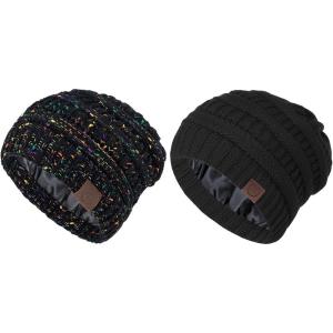 imageSatin Lined Beanie WomenWinter Hats for Women Silk Lined Slouchy Cute Beanie for Winter Warm Knit Ski HatMix Blackblack