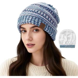 imageSatin Lined Beanie WomenWinter Hats for Women Silk Lined Slouchy Cute Beanie for Winter Warm Knit Ski HatMix Blue