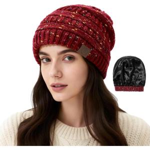 imageSatin Lined Beanie WomenWinter Hats for Women Silk Lined Slouchy Cute Beanie for Winter Warm Knit Ski HatMix Burgundy