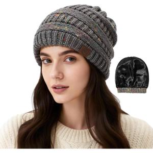 imageSatin Lined Beanie WomenWinter Hats for Women Silk Lined Slouchy Cute Beanie for Winter Warm Knit Ski HatMix Dark Grey