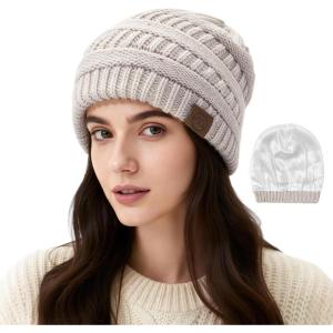 imageSatin Lined Beanie WomenWinter Hats for Women Silk Lined Slouchy Cute Beanie for Winter Warm Knit Ski HatMix Light Grey