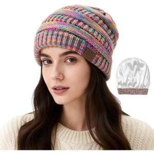 imageSatin Lined Beanie WomenWinter Hats for Women Silk Lined Slouchy Cute Beanie for Winter Warm Knit Ski HatMix Pink