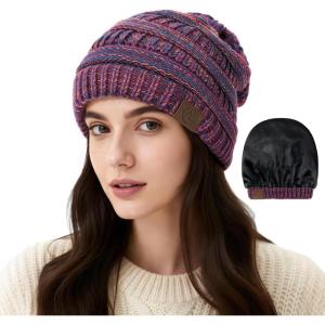 imageSatin Lined Beanie WomenWinter Hats for Women Silk Lined Slouchy Cute Beanie for Winter Warm Knit Ski HatMix Purple