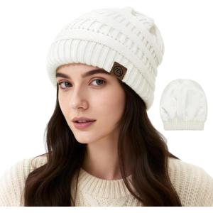 imageSatin Lined Beanie WomenWinter Hats for Women Silk Lined Slouchy Cute Beanie for Winter Warm Knit Ski HatWhite
