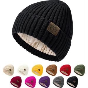 imageUnisex Satin Lined Beanie Warm Winter Hat Silk Lined Beanie for Women Men Knit Slouchy HatA Black
