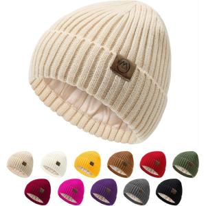 imageUnisex Satin Lined Beanie Warm Winter Hat Silk Lined Beanie for Women Men Knit Slouchy HatBeige
