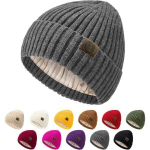 imageUnisex Satin Lined Beanie Warm Winter Hat Silk Lined Beanie for Women Men Knit Slouchy HatDarkgray