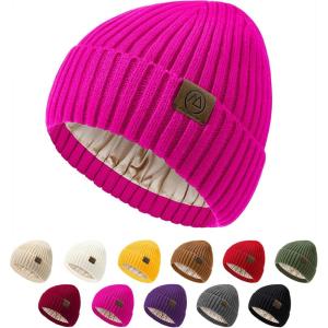 imageUnisex Satin Lined Beanie Warm Winter Hat Silk Lined Beanie for Women Men Knit Slouchy HatHotpink