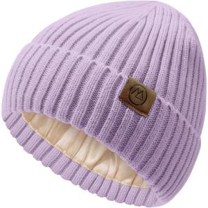 imageUnisex Satin Lined Beanie Warm Winter Hat Silk Lined Beanie for Women Men Knit Slouchy HatLight Purple