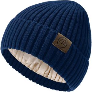 imageUnisex Satin Lined Beanie Warm Winter Hat Silk Lined Beanie for Women Men Knit Slouchy HatNavy