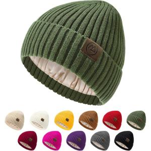 imageUnisex Satin Lined Beanie Warm Winter Hat Silk Lined Beanie for Women Men Knit Slouchy HatOlivegreen
