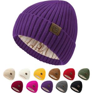 imageUnisex Satin Lined Beanie Warm Winter Hat Silk Lined Beanie for Women Men Knit Slouchy HatPurple