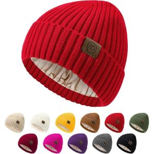 imageUnisex Satin Lined Beanie Warm Winter Hat Silk Lined Beanie for Women Men Knit Slouchy HatRed