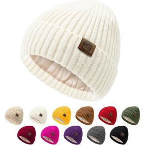 imageUnisex Satin Lined Beanie Warm Winter Hat Silk Lined Beanie for Women Men Knit Slouchy HatWhite