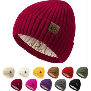 imageUnisex Satin Lined Beanie Warm Winter Hat Silk Lined Beanie for Women Men Knit Slouchy HatWine Red