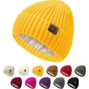 imageUnisex Satin Lined Beanie Warm Winter Hat Silk Lined Beanie for Women Men Knit Slouchy HatYellow