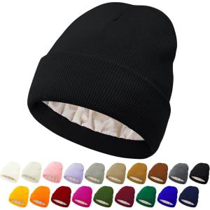 imageUnisex Satin ampamp Silk Lined Slouchy Warm Winter Hat  Knit Satin Lined Beanie for Women ampamp MenA Black