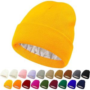 imageUnisex Satin ampamp Silk Lined Slouchy Warm Winter Hat  Knit Satin Lined Beanie for Women ampamp MenA Yellow