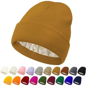 imageUnisex Satin ampamp Silk Lined Slouchy Warm Winter Hat  Knit Satin Lined Beanie for Women ampamp MenCaramel