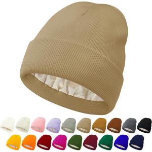 imageUnisex Satin ampamp Silk Lined Slouchy Warm Winter Hat  Knit Satin Lined Beanie for Women ampamp MenKhaki