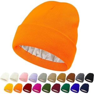 imageUnisex Satin ampamp Silk Lined Slouchy Warm Winter Hat  Knit Satin Lined Beanie for Women ampamp MenOrange