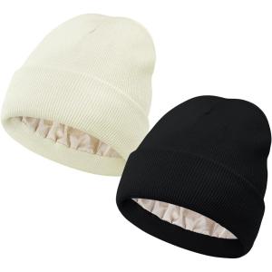 imageUnisex Satin ampamp Silk Lined Slouchy Warm Winter Hat  Knit Satin Lined Beanie for Women ampamp MenZ 2 Blackbeige