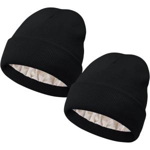 imageUnisex Satin ampamp Silk Lined Slouchy Warm Winter Hat  Knit Satin Lined Beanie for Women ampamp MenZ 2 Blackblack