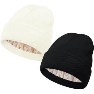 imageUnisex Satin ampamp Silk Lined Slouchy Warm Winter Hat  Knit Satin Lined Beanie for Women ampamp MenZ 2 Blackwhite
