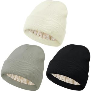 imageUnisex Satin ampamp Silk Lined Slouchy Warm Winter Hat  Knit Satin Lined Beanie for Women ampamp MenZ 3 Blackbeigelight Grey
