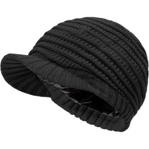 imageWomens Satin Lined Beanie Slouchy Winter Knit Hat Newsboy Hat with Brim Silk Lined BeanieBlack