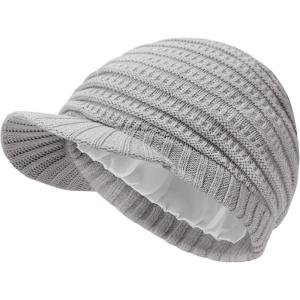 imageWomens Satin Lined Beanie Slouchy Winter Knit Hat Newsboy Hat with Brim Silk Lined BeanieLightgray