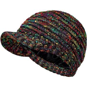 imageWomens Satin Lined Beanie Slouchy Winter Knit Hat Newsboy Hat with Brim Silk Lined BeanieMix Black