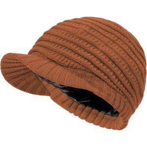 imageWomens Satin Lined Beanie Slouchy Winter Knit Hat Newsboy Hat with Brim Silk Lined BeanieReddish Brown