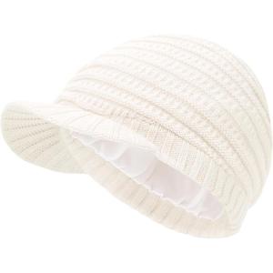imageWomens Satin Lined Beanie Slouchy Winter Knit Hat Newsboy Hat with Brim Silk Lined BeanieWhite